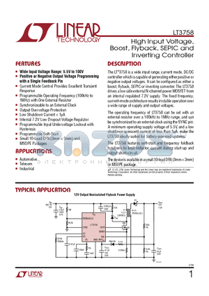 LT3758 datasheet - High Input Voltage, Boost, Flyback, SEPIC and Inverting Controller