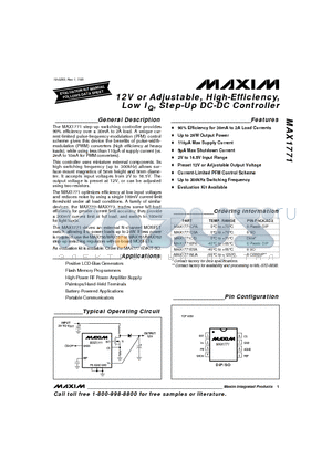 MAX1771MJA datasheet - 12V or Adjustable, High-Efficiency, Low IQ, Step-Up DC-DC Controller