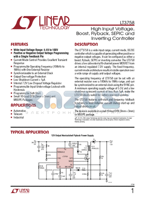 LT3758EDDTRPBF datasheet - High Input Voltage, Boost, Flyback, SEPIC and Inverting Controller