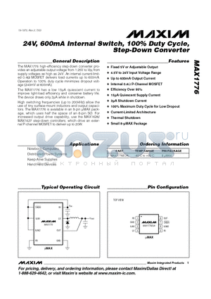 MAX1776 datasheet - 24V, 600mA Internal Switch, 100% Duty Cycle, Step-Down Converter