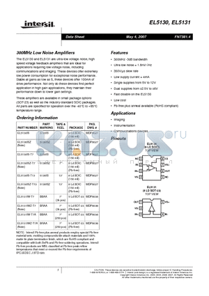 EL5130 datasheet - 300MHz Low Noise Amplifiers