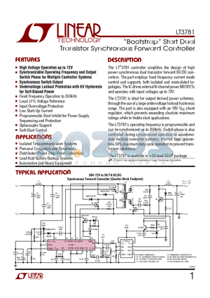 LT3781 datasheet - Bootstrap Start Dual Transistor Synchronous Forward Controller