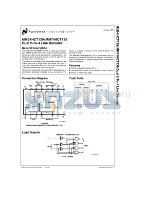 MM74HCT139 datasheet - Dual 2-To-4 Line Decoder