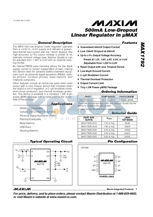 MAX1792EUA25 datasheet - 500mA Low-Dropout Linear Regulator in uMAX