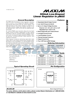MAX1792EUA33 datasheet - 500mA Low-Dropout Linear Regulator in uMAX