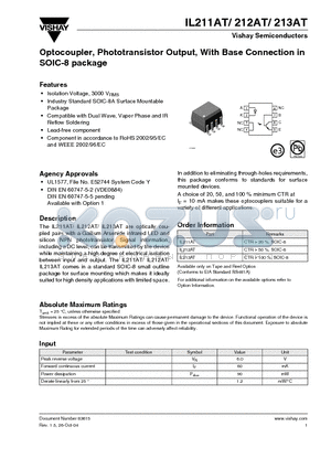 IL212AT datasheet - Optocoupler, Phototransistor Output, With Base Connection in