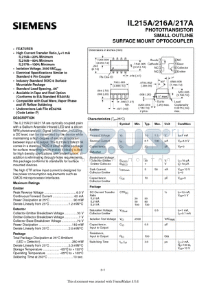 IL217A datasheet - PHOTOTRANSISTOR SMALL OUTLINE SURFACE MOUNT OPTOCOUPLER