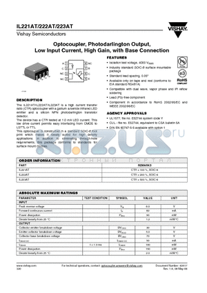 IL221AT datasheet - Optocoupler, Photodarlington Output, Low Input Current, High Gain, with Base Connection