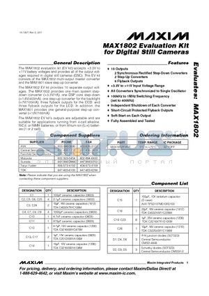 MAX1802 datasheet - Evaluation Kit for Digital Still Cameras