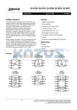 EL5150ISZ-T13 datasheet - 200MHz Amplifiers