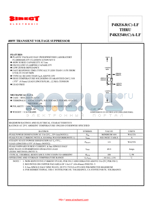 P4KE150C-LF datasheet - 400W TRANSIENT VOLTAGE SUPPRESSOR