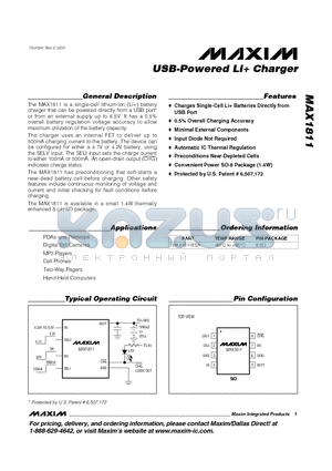 MAX1811 datasheet - USB-Powered Li Charger