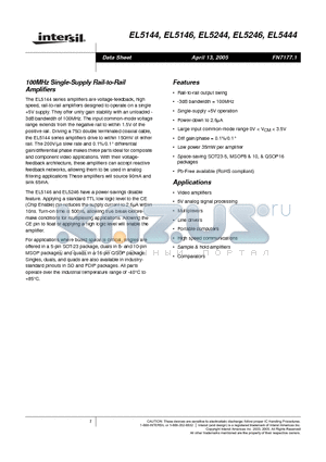 EL5144CW-T13 datasheet - 100MHz Single-Supply Rail-to-Rail Amplifiers