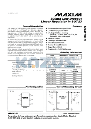 MAX1818EUT25 datasheet - 500mA Low-Dropout Linear Regulator in SOT23