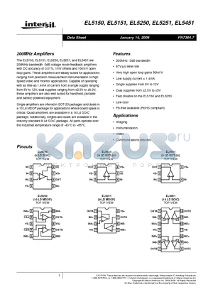 EL5151IW-T7A datasheet - 200MHz Amplifiers