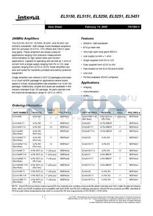 EL5150IWZ-T7 datasheet - 200MHz Amplifiers