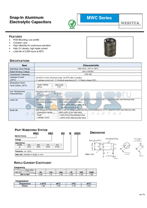 MWC350V473M22X25 datasheet - Snap-In Aluminum Electrolytic Capacitors