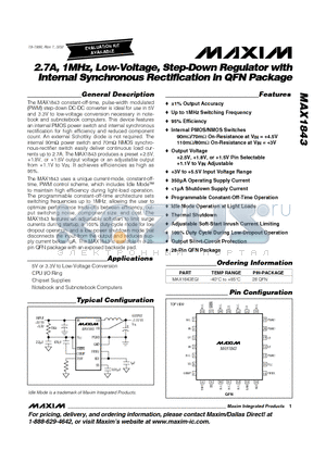 MAX1843EGI datasheet - 2.7A, 1MHz, Low-Voltage, Step-Down Regulator with Internal Synchronous Rectification in QFN Package