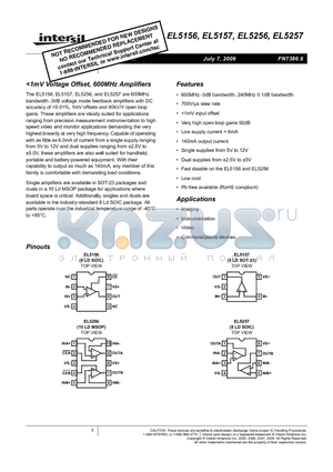EL5156ISZ-T7 datasheet - 1mV Voltage Offset, 600MHz Amplifiers