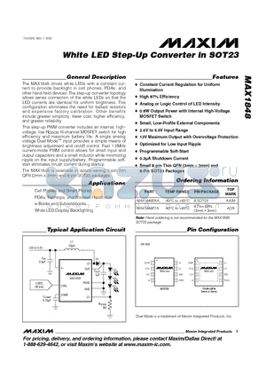 MAX1848 datasheet - White LED Step-Up Converter in SOT23