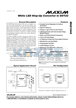 MAX1848ETA datasheet - White LED Step-Up Converter in SOT23