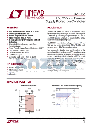 LT4256 datasheet - UV, OV and Reverse Supply Protection Controller Low Operating Current: 125lA