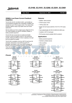 EL5161ICZ-T7A datasheet - 200MHz Low-Power Current Feedback Amplifiers