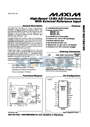 MAX185AENG datasheet - High-Speed 12-Bit A/D Converters With External Refernce input