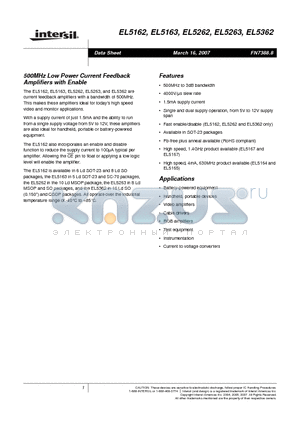 EL5162 datasheet - 500MHz Low Power Current Feedback Amplifiers with Enable