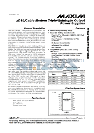 MAX1864 datasheet - xDSL/Cable Modem Triple/Quintuple Output Power Supplies