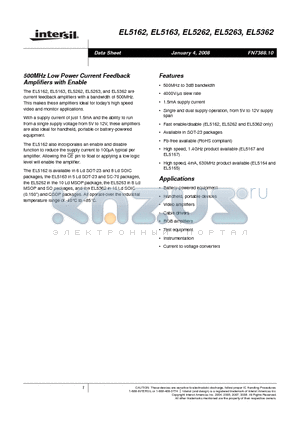 EL5162 datasheet - 500MHz Low Power Current Feedback Amplifiers with Enable