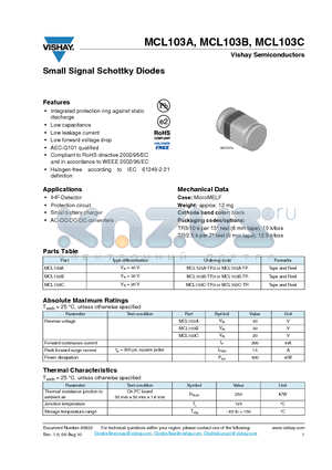 MCL103A datasheet - Small Signal Schottky Diodes