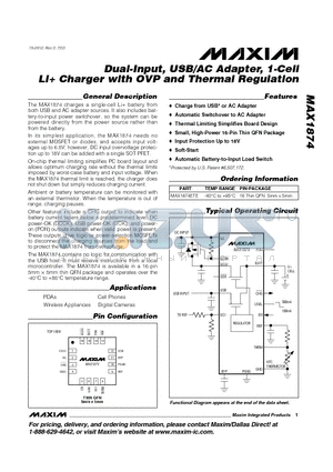 MAX1874ETE datasheet - Dual-Input, USB/AC Adapter, 1-Cell Li Charger with OVP and Thermal Regulation