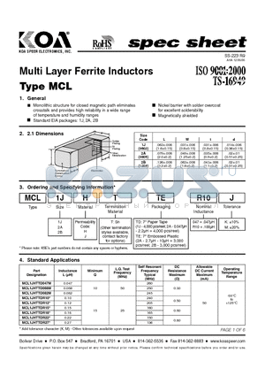 MCL1JHTTDR47 datasheet - Multi Layer Ferrite Inductors