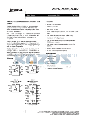 EL5164IS-T13 datasheet - 600MHz Current Feedback Amplifiers with Enable