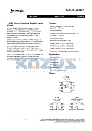EL5166 datasheet - 1.4GHz Current Feedback Amplifiers with Enable