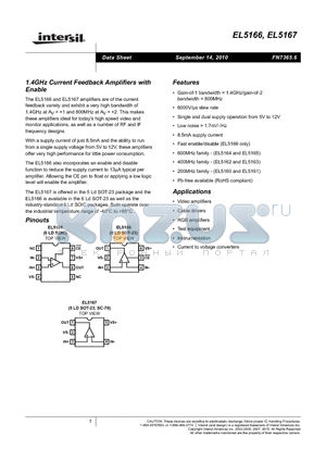 EL5166 datasheet - 1.4GHz Current Feedback Amplifiers with Enable