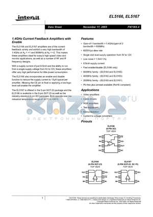 EL5166IS datasheet - 1.4GHz Current Feedback Amplifiers with Enable