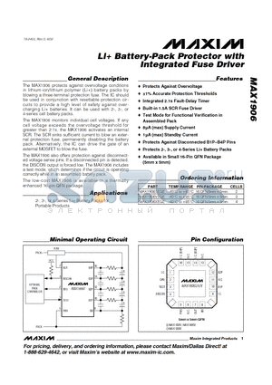 MAX1906 datasheet - Li Battery-Pack Protector with Integrated Fuse Driver