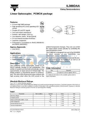 IL388DAA datasheet - Linear Optocoupler, PCMCIA package