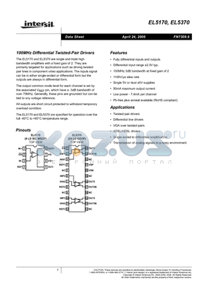 EL5170 datasheet - 100MHz Differential Twisted-Pair Drivers