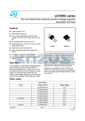 LD1585CD2M33R datasheet - 5A Low dropout fast response positive voltage regulator adjustable and fixed