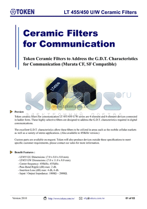 LT455BW datasheet - LT 455/450 U/W Ceramic Filters