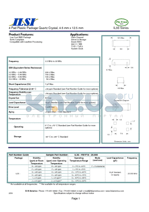 IL3S-BB2F18-20.000 datasheet - 4 Pad Plastic Package Quartz Crystal, 4.6 mm x 12.5 mm