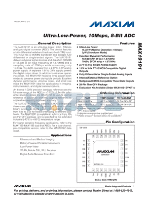 MAX19191ETI/V+ datasheet - Ultra-Low-Power, 10Msps, 8-Bit ADC