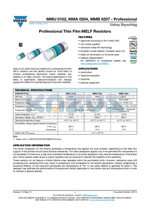 MMA02040C4993FB300 datasheet - Professional Thin Film MELF Resistors