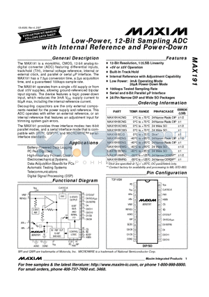 MAX191AMRG datasheet - Low-Power, 12-Bit Sampling ADC with Internal Reference and Power-Down