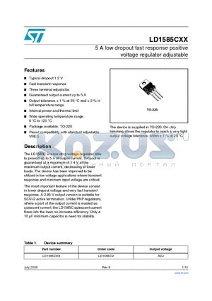 LD1585CXX datasheet - 5 A low dropout fast response positive voltage regulator adjustable