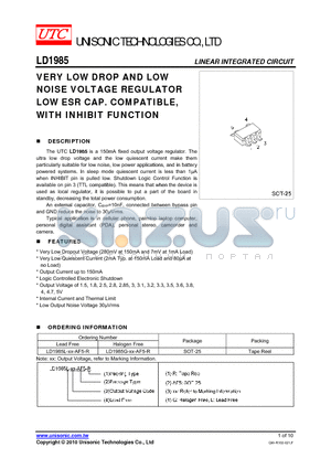 LD1985L-XX-AF5-R datasheet - VERY LOW DROP AND LOW NOISE VOLTAGE REGULATOR LOW ESR CAP. COMPATIBLE, WITH INHIBIT FUNCTION