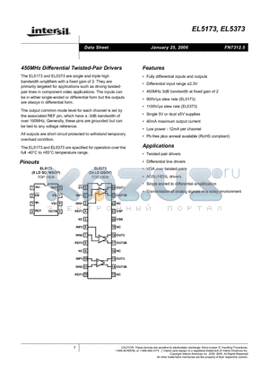 EL5173ISZ-T7 datasheet - 450MHz Differential Twisted-Pair Drivers